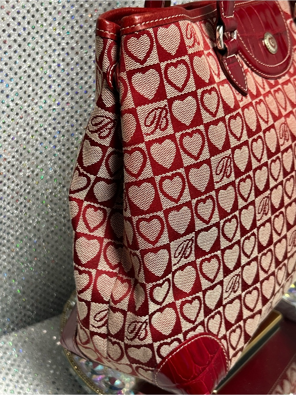 Brighton Red Heart Pattern Canvas and Leather Tote Bag Approx 15 x 9 x 4 - Picture 5 of 17